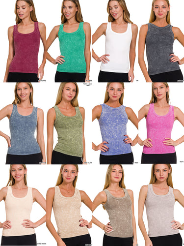 ZENANA 2 WAY NECKLINE WASHED RIBBED CROPPED TANK TOP - ASSORTED COLORS