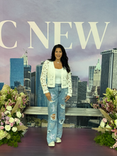 POL Designed in V-neck long sleeve cropped fit cardigan in crochet - Natural or Off White