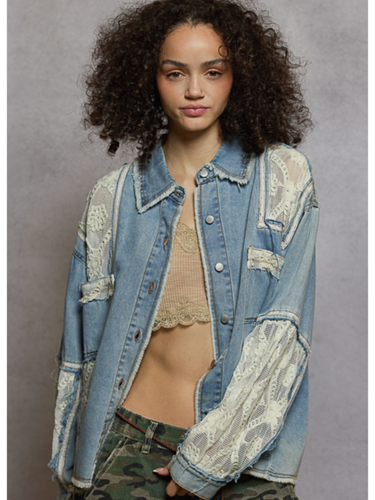POL denim button up shirt with lace accents