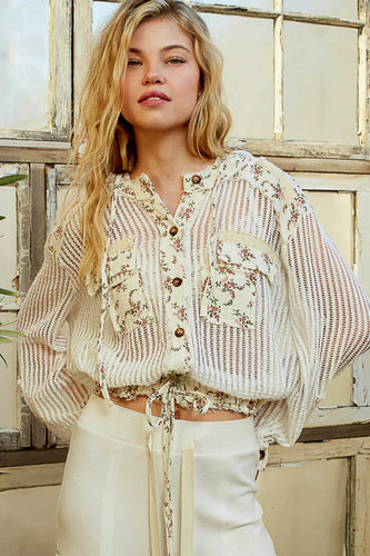 POL hoodie jacket top in crochet with out seam double gauze print patch, vintage washing, solid color - Off White/Natural Multi