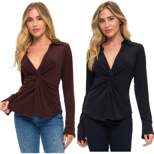 Ariella Collared Twist Front Top - Black or Brown