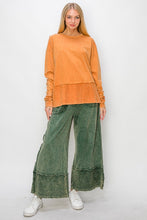 Mineral wash Wide Pants With Raw Hem Frayed Details - Olive