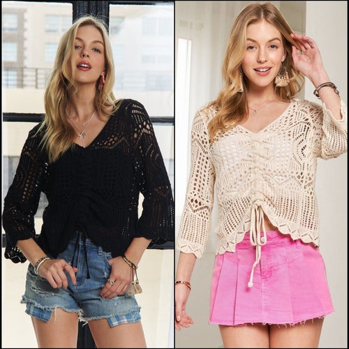 Front Drawstring Crochet Top - Beige Or Black