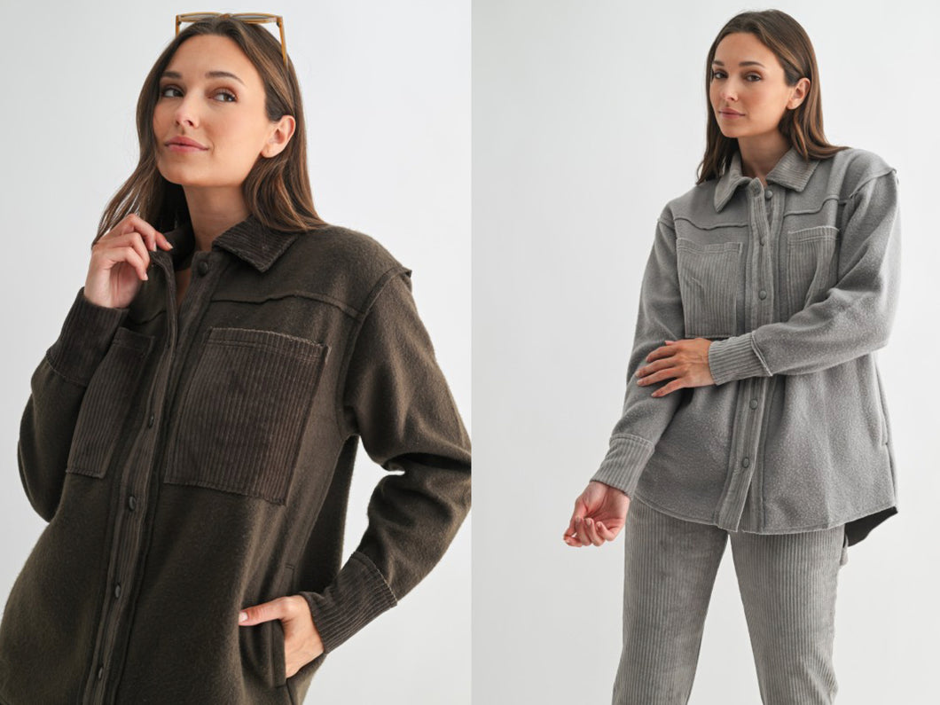 Terrain mix Corduroy & Fleece Shacket - Dark Olive or Fog