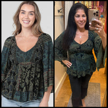 V Neck Smocked Bodice Bell Sleeve Top - Black/Olive