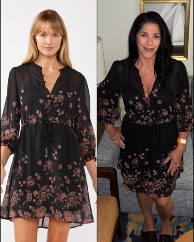 Button Front Drawstring Waist Mini Dress - Black/Dusty Rose