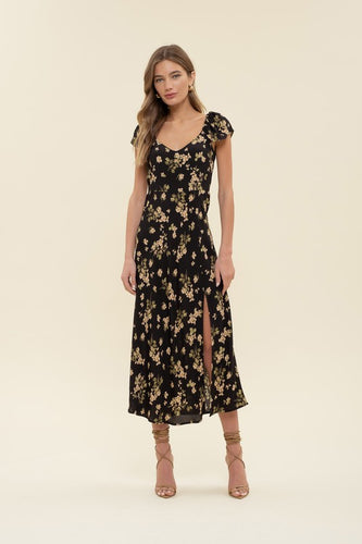 Floral V Neck Ruffle Sleeve Side Slit Midi Dress - Black Multi