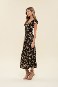 Floral V Neck Ruffle Sleeve Side Slit Midi Dress - Black Multi