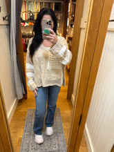 POL long sleeve relaxed fit thin sweater top in airy cotton with twisted weave, color blocked stripe pattern, see through weave, back patch point, rib band detail - Beige, Sky Blue or Soft Pink