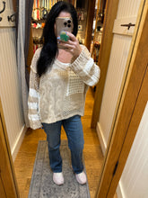 POL long sleeve relaxed fit thin sweater top in airy cotton with twisted weave, color blocked stripe pattern, see through weave, back patch point, rib band detail - Beige, Sky Blue or Soft Pink