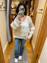 POL long sleeve relaxed fit thin sweater top in airy cotton with twisted weave, color blocked stripe pattern, see through weave, back patch point, rib band detail - Beige, Sky Blue or Soft Pink