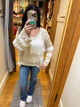 POL long sleeve relaxed fit thin sweater top in airy cotton with twisted weave, color blocked stripe pattern, see through weave, back patch point, rib band detail - Beige, Sky Blue or Soft Pink