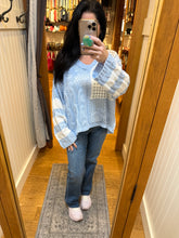 POL long sleeve relaxed fit thin sweater top in airy cotton with twisted weave, color blocked stripe pattern, see through weave, back patch point, rib band detail - Beige, Sky Blue or Soft Pink