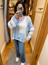 POL long sleeve relaxed fit thin sweater top in airy cotton with twisted weave, color blocked stripe pattern, see through weave, back patch point, rib band detail - Beige, Sky Blue or Soft Pink