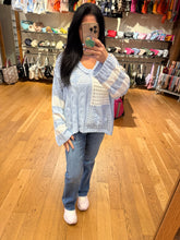 POL long sleeve relaxed fit thin sweater top in airy cotton with twisted weave, color blocked stripe pattern, see through weave, back patch point, rib band detail - Beige, Sky Blue or Soft Pink