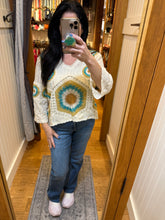 POL V neck 3/4 sleeve relaxed fit top in crochet with colorful granny circle motif and scalloped edge - Cream/Green