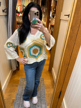POL V neck 3/4 sleeve relaxed fit top in crochet with colorful granny circle motif and scalloped edge - Cream/Green