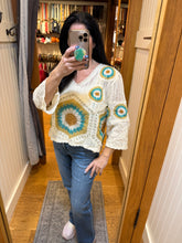 POL V neck 3/4 sleeve relaxed fit top in crochet with colorful granny circle motif and scalloped edge - Cream/Green