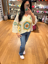 POL V neck 3/4 sleeve relaxed fit top in crochet with colorful granny circle motif and scalloped edge - Cream/Green