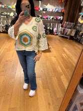 POL V neck 3/4 sleeve relaxed fit top in crochet with colorful granny circle motif and scalloped edge - Cream/Green