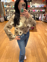 POL round neck long sleeve relaxed fit top in crochet with floral weave knit patterns and beads detail - Black Multi or Mocha Multi