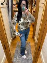 POL round neck long sleeve relaxed fit top in crochet with floral weave knit patterns and beads detail - Black Multi or Mocha Multi