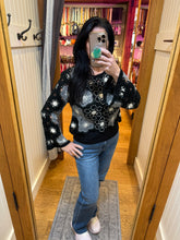 POL round neck long sleeve relaxed fit top in crochet with floral weave knit patterns and beads detail - Black Multi or Mocha Multi