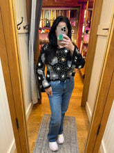 POL round neck long sleeve relaxed fit top in crochet with floral weave knit patterns and beads detail - Black Multi or Mocha Multi