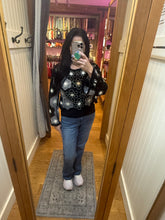 POL round neck long sleeve relaxed fit top in crochet with floral weave knit patterns and beads detail - Black Multi or Mocha Multi