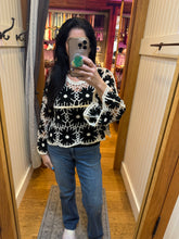 POL round neck long sleeve regular fit top in crochet with loosely weaved floral knit patterns and scalloped edge - Black Multi