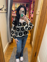 POL round neck long sleeve regular fit top in crochet with loosely weaved floral knit patterns and scalloped edge - Black Multi