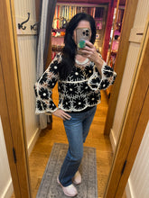 POL round neck long sleeve regular fit top in crochet with loosely weaved floral knit patterns and scalloped edge - Black Multi