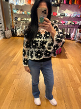 POL round neck long sleeve regular fit top in crochet with loosely weaved floral knit patterns and scalloped edge - Black Multi