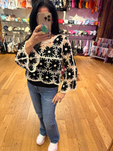 POL round neck long sleeve regular fit top in crochet with loosely weaved floral knit patterns and scalloped edge - Black Multi