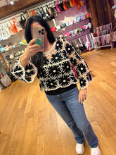 POL round neck long sleeve regular fit top in crochet with loosely weaved floral knit patterns and scalloped edge - Black Multi