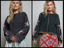 Double POL Gauze Color Blocked Star Patch Solid Thermal Knit Top - Indigo or Washed Black