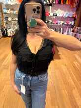 POL sleeveless cropped fit top in lace with drawstring and ruffled detailing - Black