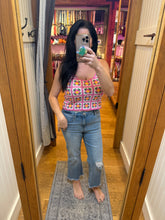 POL round neck sleeveless relaxed fit top in crochet with granny square pattern, scalloped edge - Pink Multi