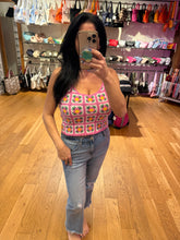 POL round neck sleeveless relaxed fit top in crochet with granny square pattern, scalloped edge - Pink Multi