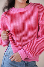 Two Tone Striped Casual Stripe Sweater Top - Chocolate Or Pink