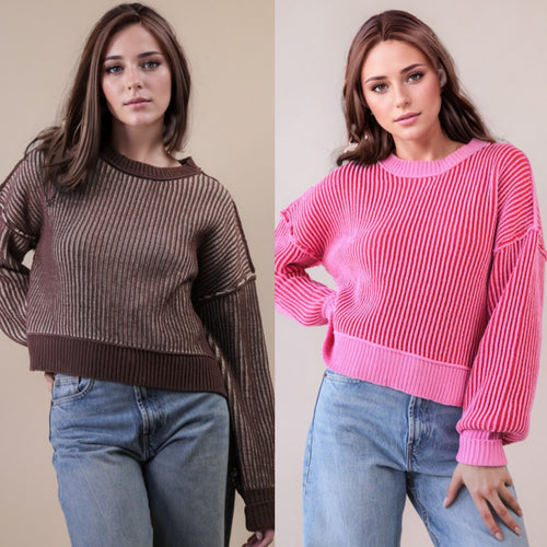 Two Tone Striped Casual Stripe Sweater Top - Chocolate Or Pink