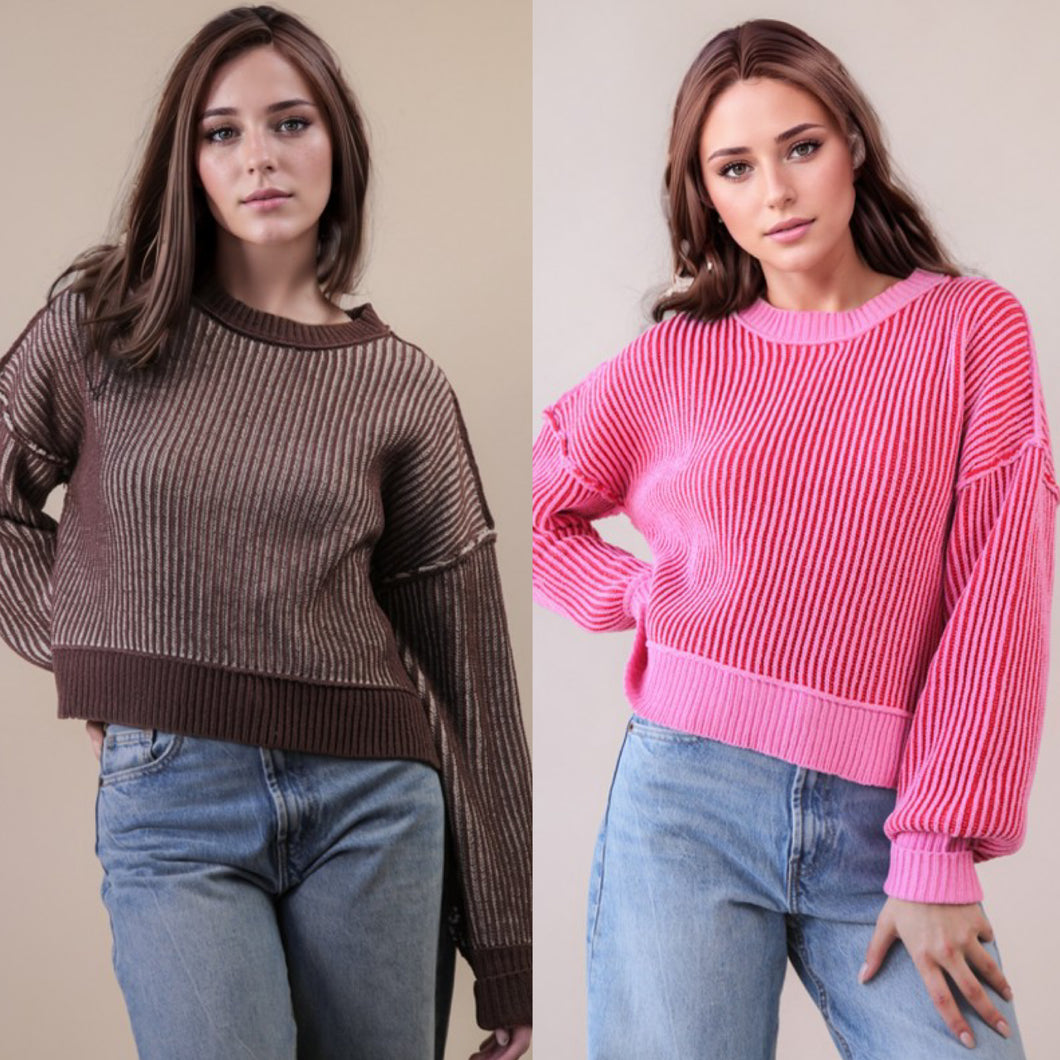 Two Tone Striped Casual Stripe Sweater Top - Chocolate Or Pink