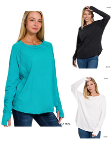 COTTON RAGLAN SLEEVE THUMBHOLE TOP - ASSORTED COLORS