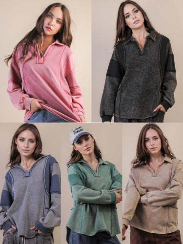 Mineral Washed Oversized French Terry Knit Top- Assorted Colors