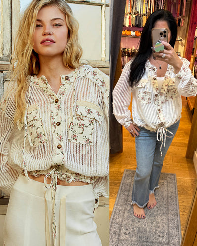 POL hoodie jacket top in crochet with out seam double gauze print patch, vintage washing, solid color - Off White/Natural Multi