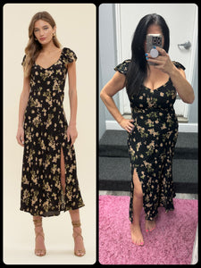 Floral V Neck Ruffle Sleeve Side Slit Midi Dress - Black Multi