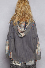 POL hooded balloon sleeve roomy fit top in thermal with plaid contrast.- Navy Multi