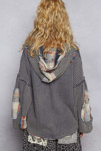 POL hooded balloon sleeve roomy fit top in thermal with plaid contrast.- Navy Multi