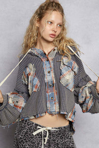 POL hooded balloon sleeve roomy fit top in thermal with plaid contrast.- Navy Multi