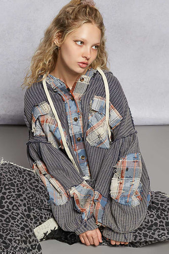 POL hooded balloon sleeve roomy fit top in thermal with plaid contrast.- Navy Multi